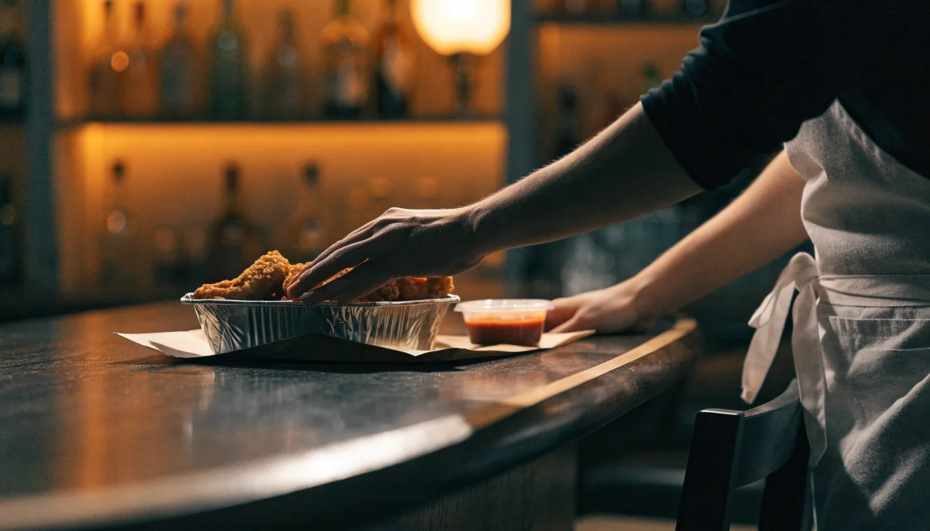 Casual-dining bar counter at service, counter edge and lit backbar wall